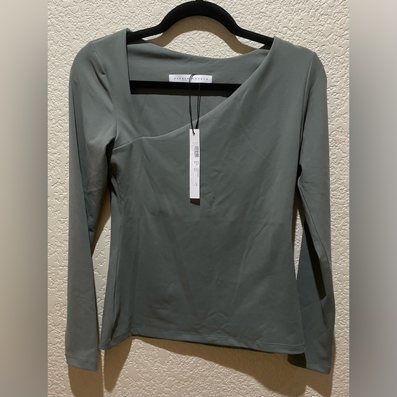 NEW Susana Monaco diagonal neckline Top Green Gray Size S Long Sleeve - Picture 6 of 10